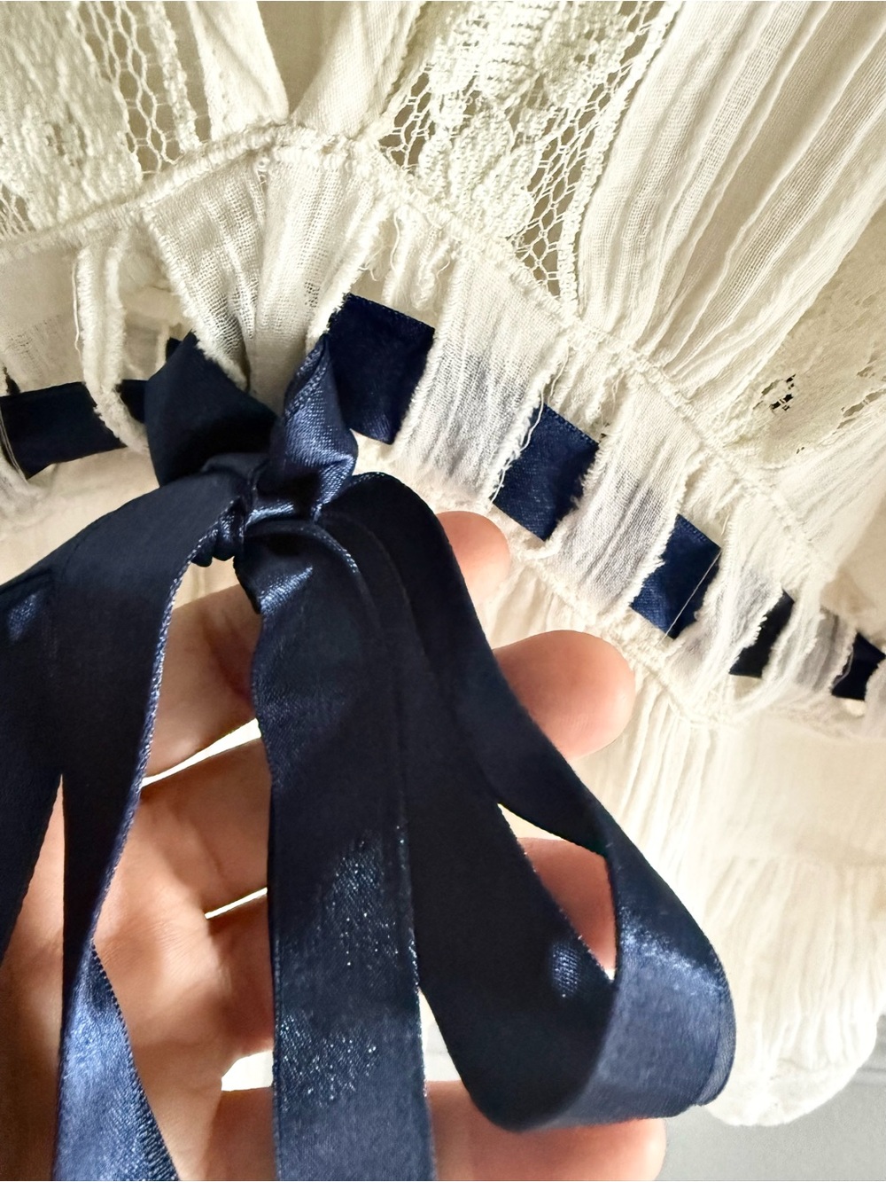 Free People Ivory Lace Peplum Blouse with Navy Ribbon MWOT - Picture 8 of 9